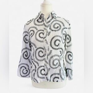 Tweeds Linen Embroidered White Tailored Blouse | Size Small